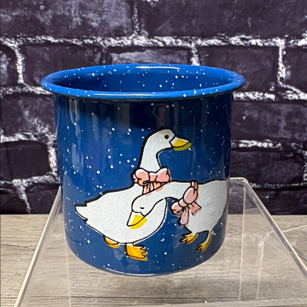 Vintage Blue Speckled Mug with Geese Design